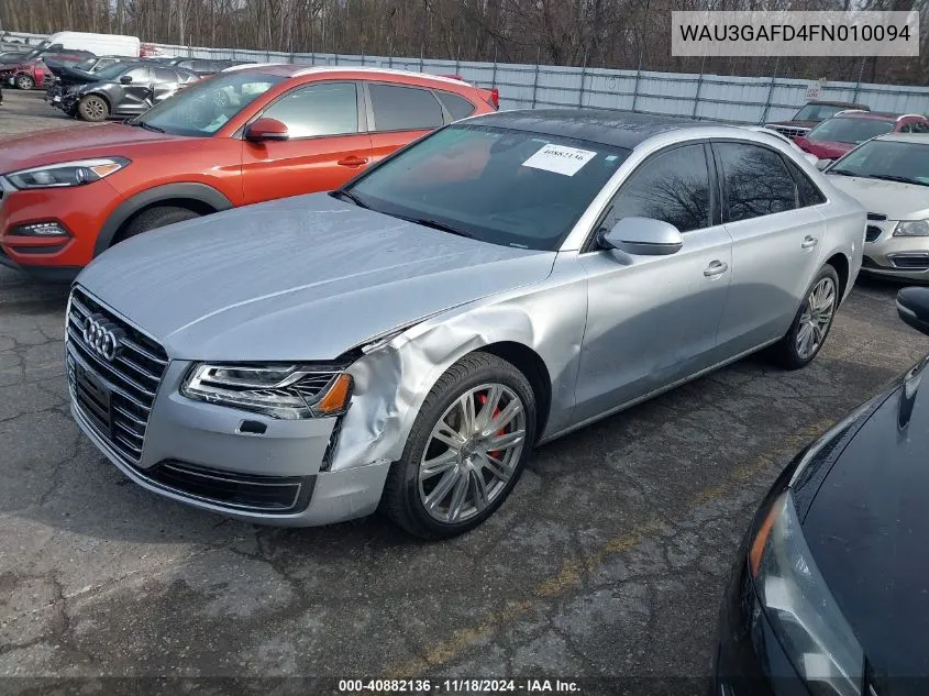 2015 Audi A8 3.0T VIN: WAU3GAFD4FN010094 Lot: 40882136