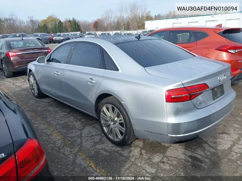 2015 Audi A8 3.0T VIN: WAU3GAFD4FN010094 Lot: 40882136