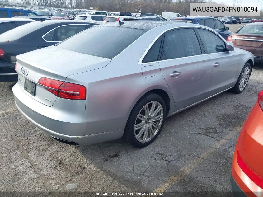 2015 Audi A8 3.0T VIN: WAU3GAFD4FN010094 Lot: 40882136