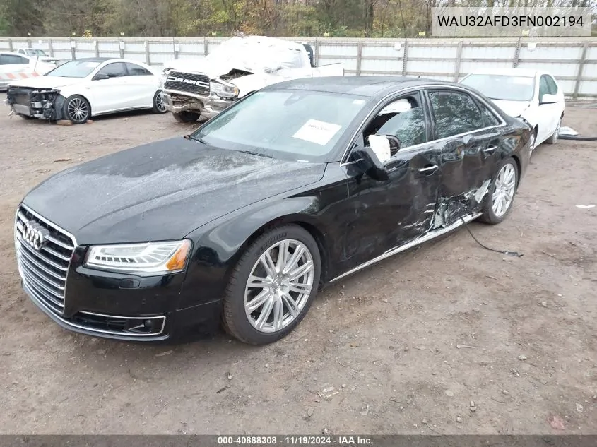 2015 Audi A8 L 4.0T VIN: WAU32AFD3FN002194 Lot: 40888308