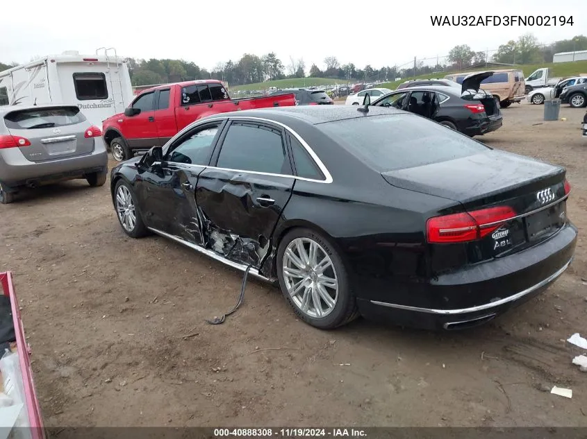 2015 Audi A8 L 4.0T VIN: WAU32AFD3FN002194 Lot: 40888308