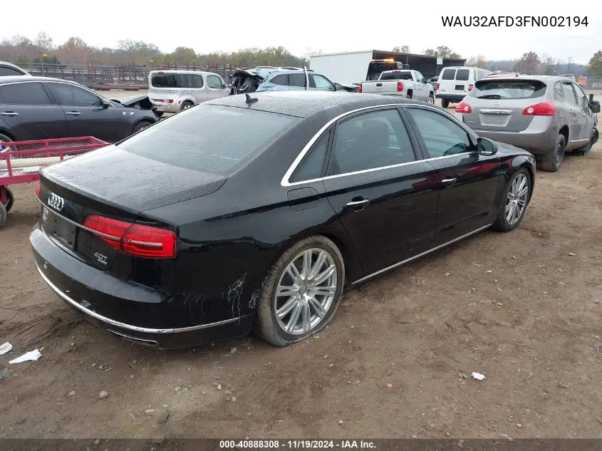 2015 Audi A8 L 4.0T VIN: WAU32AFD3FN002194 Lot: 40888308