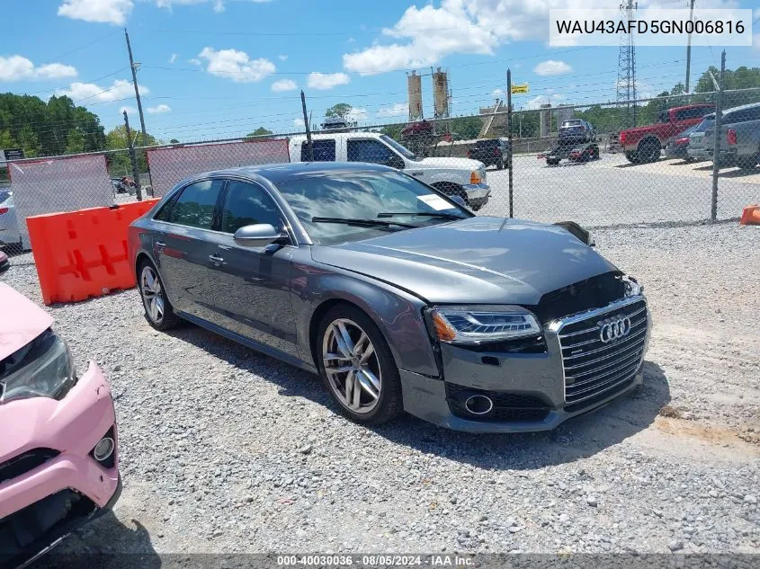 2016 Audi A8 L 4.0T Sport VIN: WAU43AFD5GN006816 Lot: 40030036