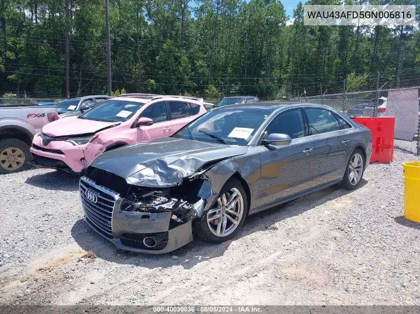 2016 Audi A8 L 4.0T Sport VIN: WAU43AFD5GN006816 Lot: 40030036