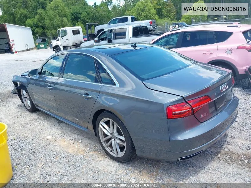 2016 Audi A8 L 4.0T Sport VIN: WAU43AFD5GN006816 Lot: 40030036