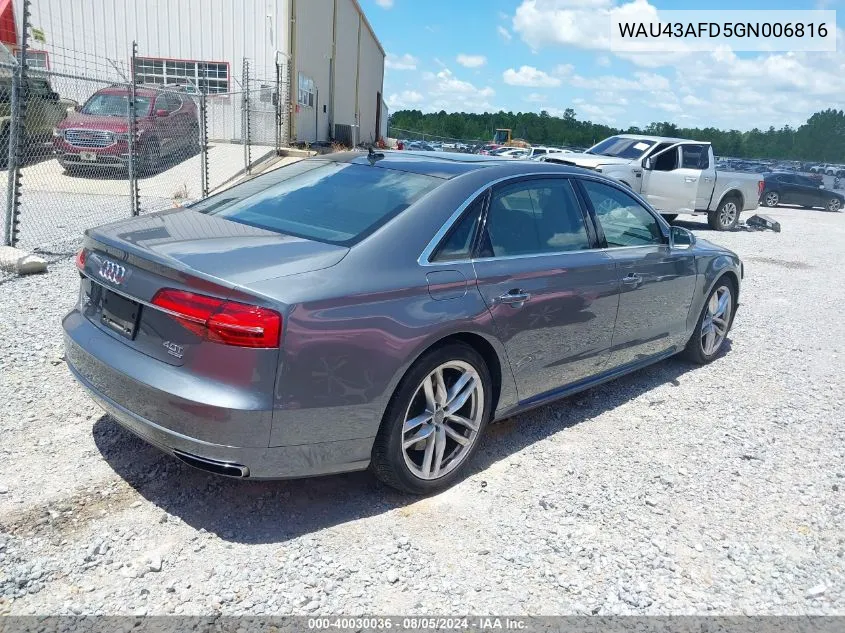 2016 Audi A8 L 4.0T Sport VIN: WAU43AFD5GN006816 Lot: 40030036