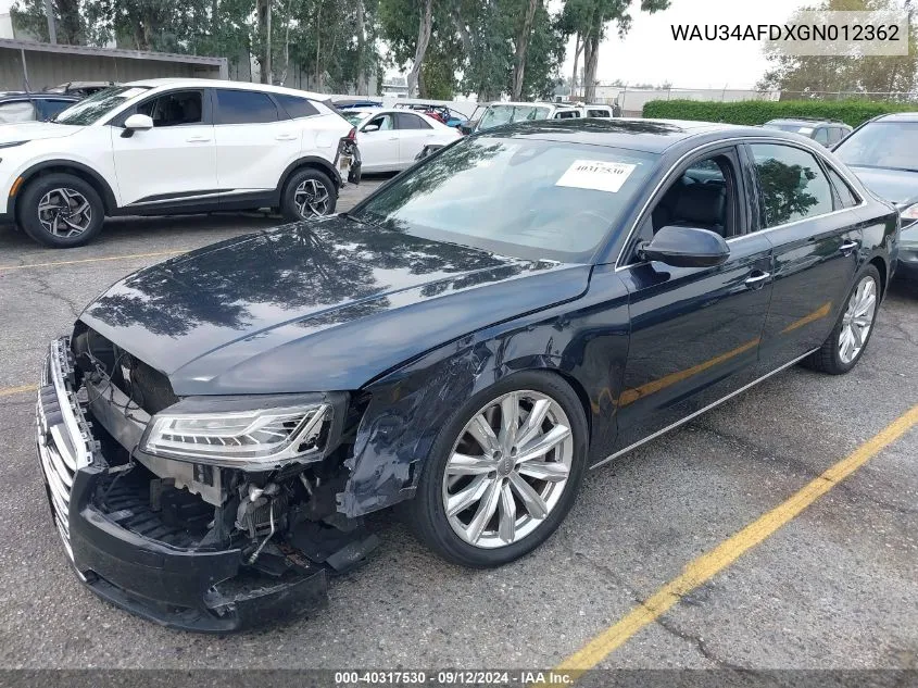 2016 Audi A8 L Quattro VIN: WAU34AFDXGN012362 Lot: 40317530