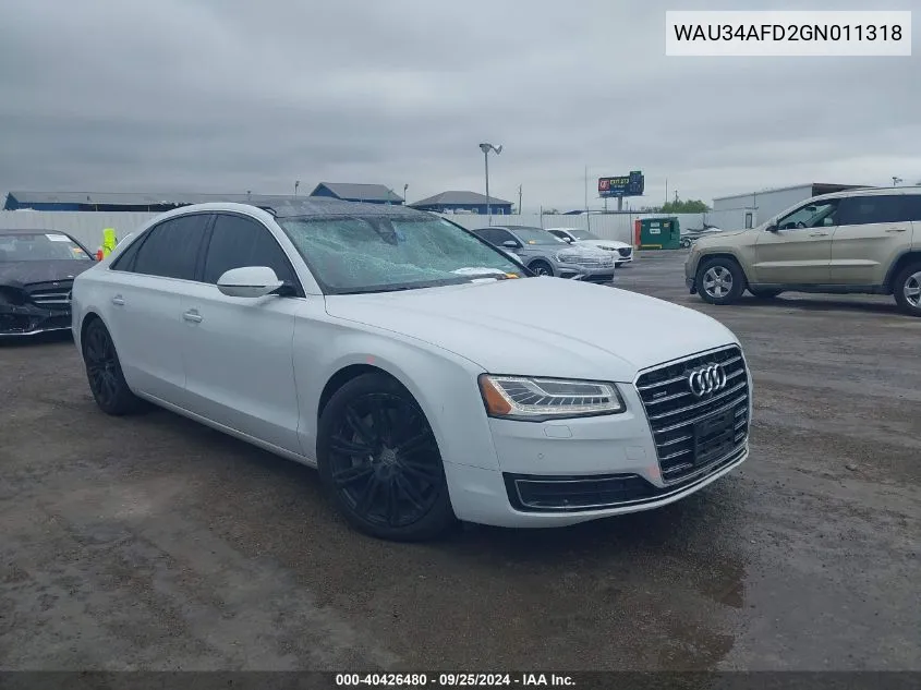 2016 Audi A8 L L Quattro VIN: WAU34AFD2GN011318 Lot: 40426480