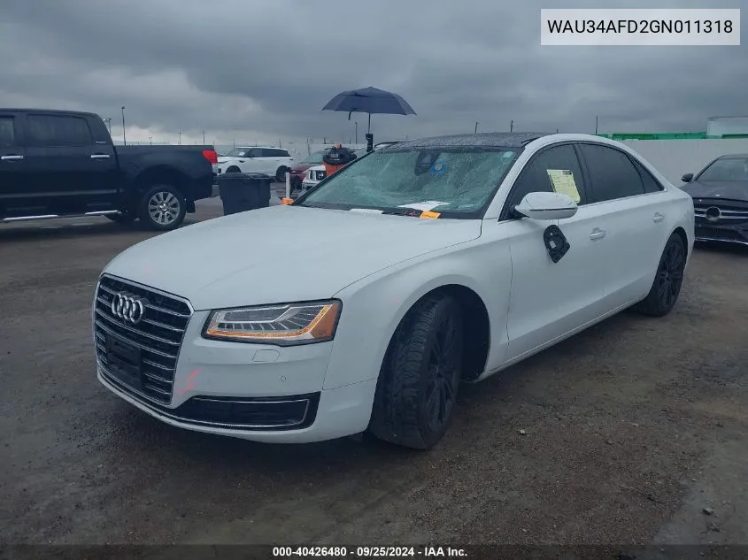 2016 Audi A8 L L Quattro VIN: WAU34AFD2GN011318 Lot: 40426480