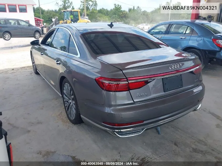 2019 Audi A8 L 55 VIN: WAU8DAF89KN004321 Lot: 40063545