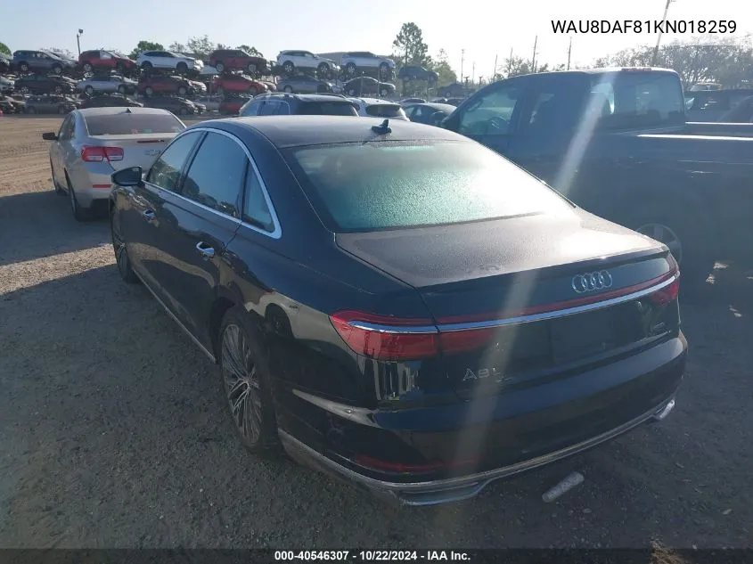 2019 Audi A8 L 55 VIN: WAU8DAF81KN018259 Lot: 40546307