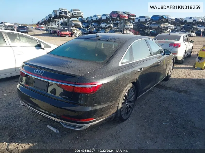 2019 Audi A8 L 55 VIN: WAU8DAF81KN018259 Lot: 40546307