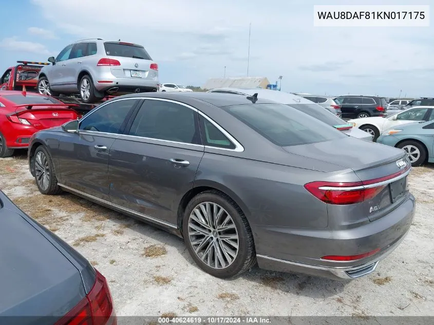 2019 Audi A8 L 55 VIN: WAU8DAF81KN017175 Lot: 40624619