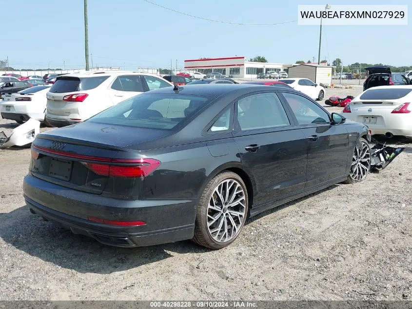 2021 Audi A8 L L VIN: WAU8EAF8XMN027929 Lot: 40298228