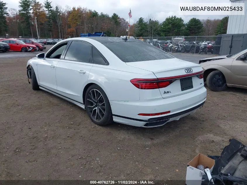 2021 Audi A8 L 55 Tfsi Quattro Tiptronic VIN: WAU8DAF80MN025433 Lot: 40762726