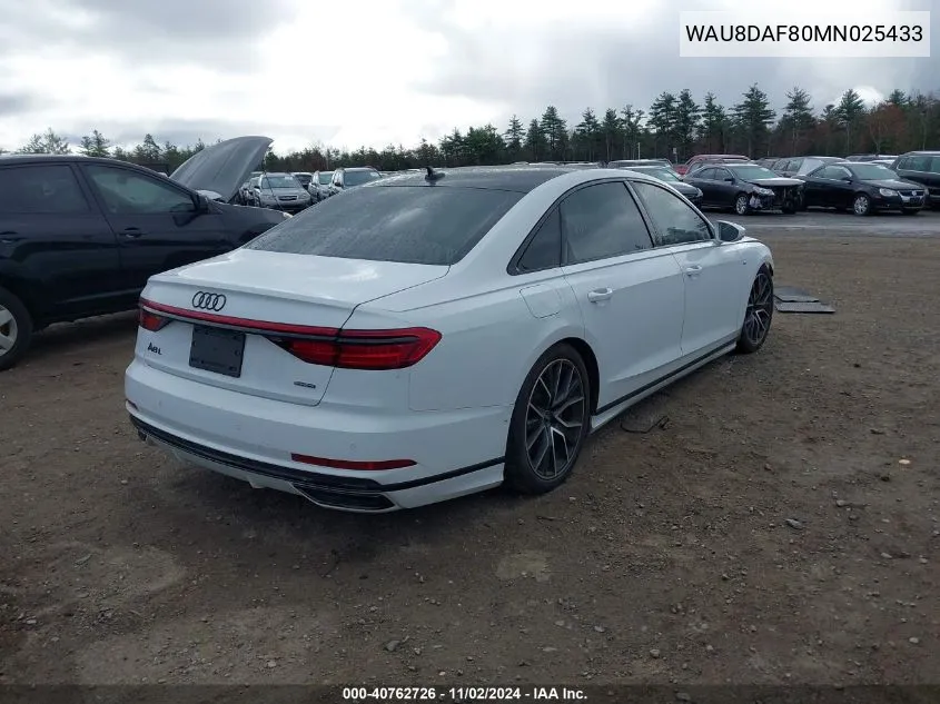 2021 Audi A8 L 55 Tfsi Quattro Tiptronic VIN: WAU8DAF80MN025433 Lot: 40762726