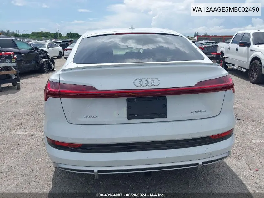 2021 Audi E-Tron Sportback Premium Plus VIN: WA12AAGE5MB002490 Lot: 40154087