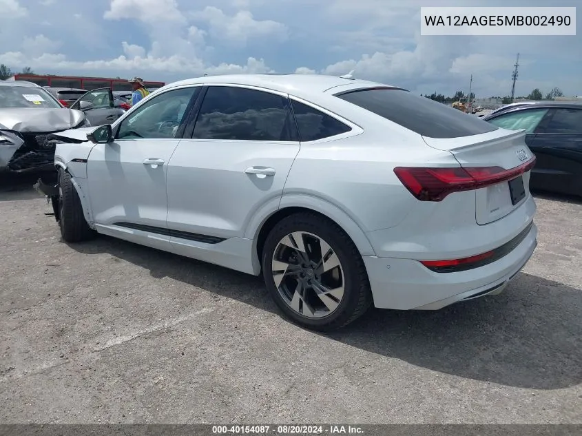 2021 Audi E-Tron Sportback Premium Plus VIN: WA12AAGE5MB002490 Lot: 40154087