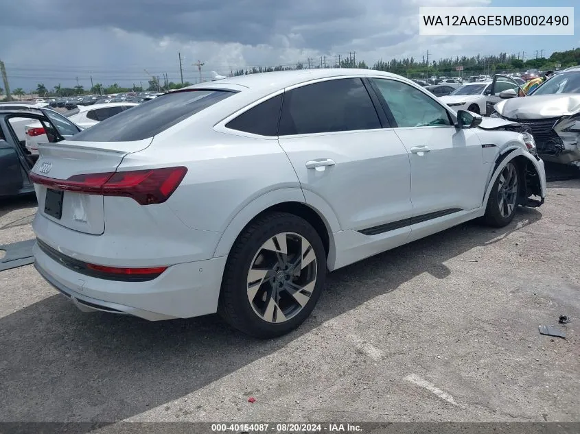 2021 Audi E-Tron Sportback Premium Plus VIN: WA12AAGE5MB002490 Lot: 40154087