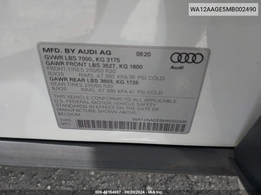 WA12AAGE5MB002490 2021 Audi E-Tron Sportback Premium Plus