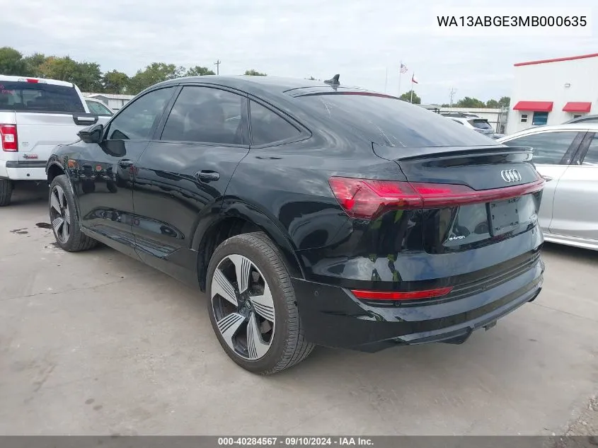 2021 Audi E-Tron Sportback Prestige Quattro VIN: WA13ABGE3MB000635 Lot: 40284567