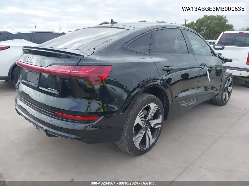 2021 Audi E-Tron Sportback Prestige Quattro VIN: WA13ABGE3MB000635 Lot: 40284567