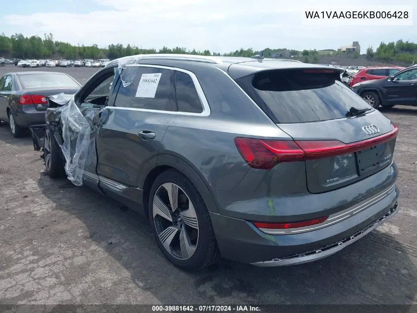 2019 Audi E-Tron Premium Plus VIN: WA1VAAGE6KB006428 Lot: 39881642