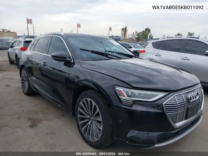 2019 Audi E-Tron Premium Plus VIN: WA1VABGE5KB011092 Lot: 40006452