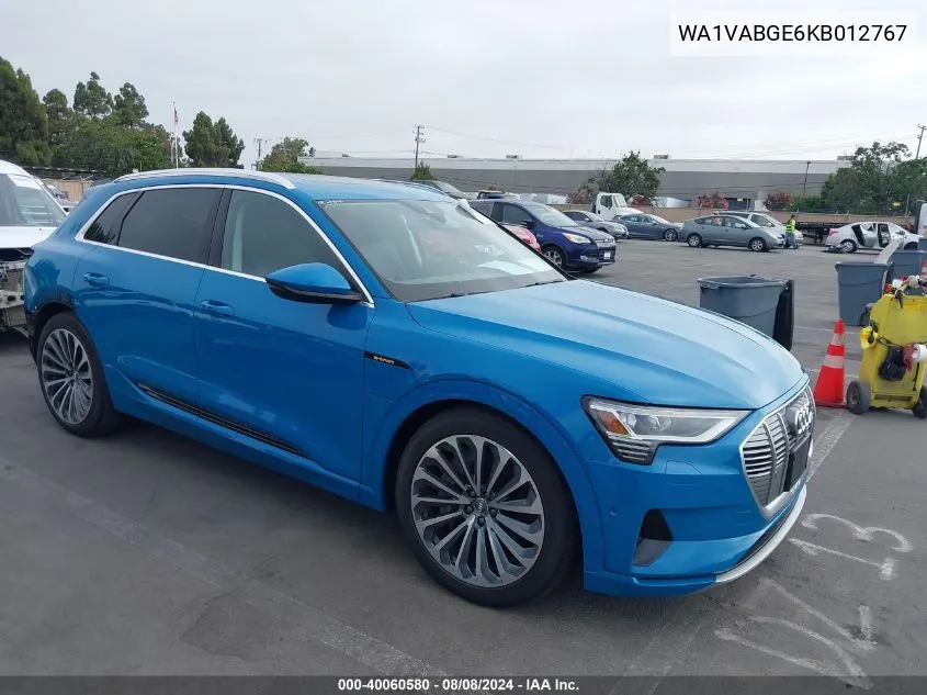 2019 Audi E-Tron Premium Plus VIN: WA1VABGE6KB012767 Lot: 40060580