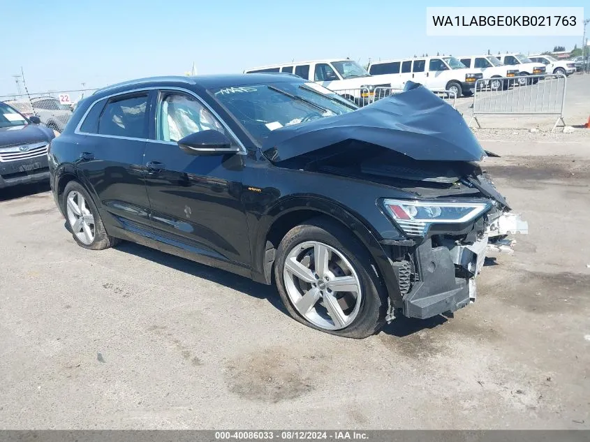 2019 Audi E-Tron Premium Plus VIN: WA1LABGE0KB021763 Lot: 40086033