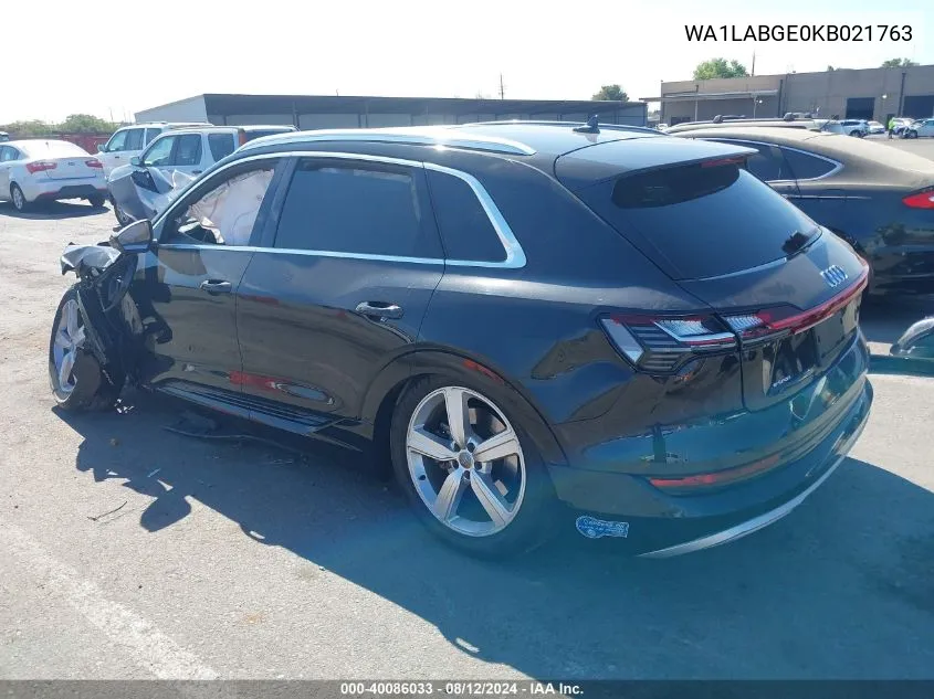 2019 Audi E-Tron Premium Plus VIN: WA1LABGE0KB021763 Lot: 40086033