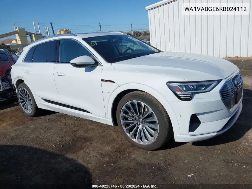 2019 Audi E-Tron Premium Plus VIN: WA1VABGE6KB024112 Lot: 40225746