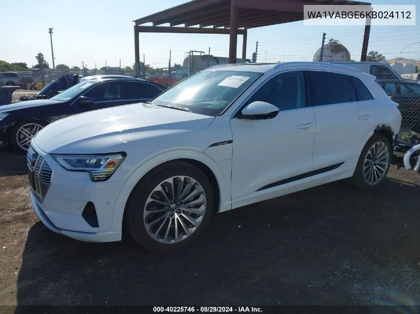 2019 Audi E-Tron Premium Plus VIN: WA1VABGE6KB024112 Lot: 40225746