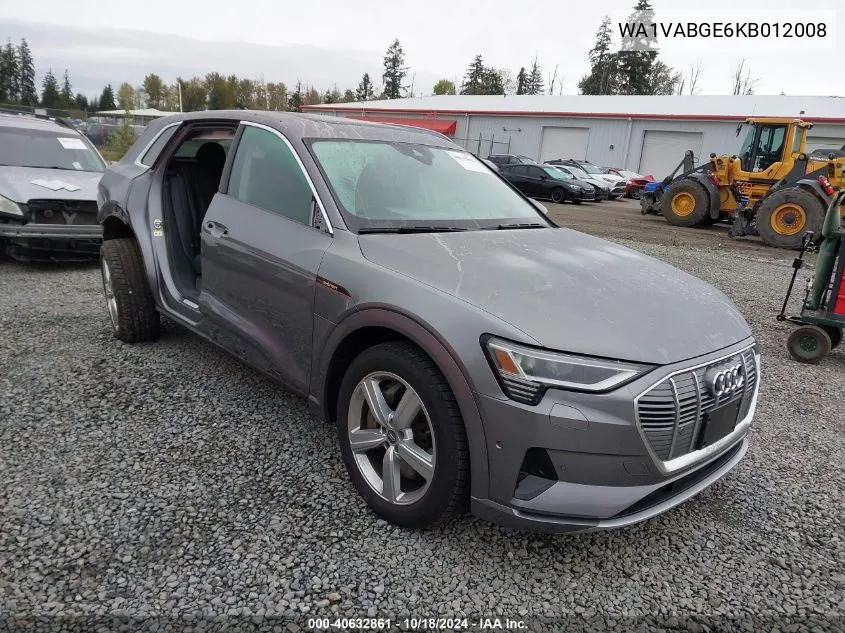 2019 Audi E-Tron Premium Plus VIN: WA1VABGE6KB012008 Lot: 40632861