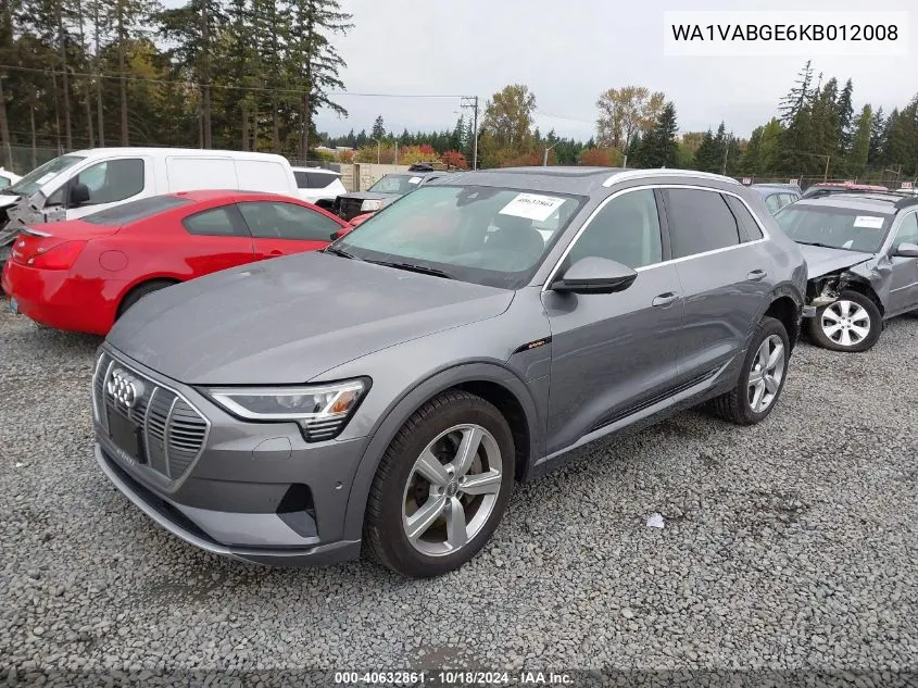 2019 Audi E-Tron Premium Plus VIN: WA1VABGE6KB012008 Lot: 40632861