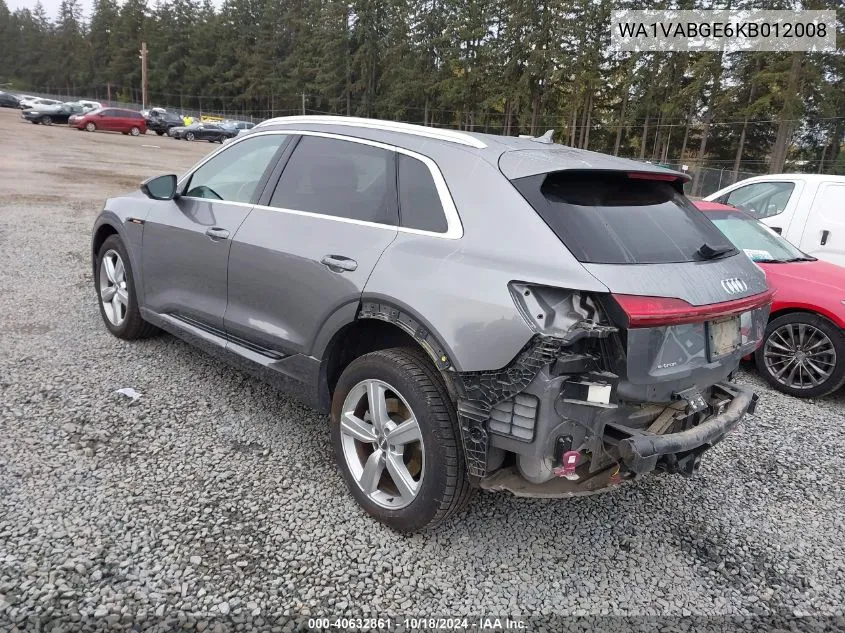 2019 Audi E-Tron Premium Plus VIN: WA1VABGE6KB012008 Lot: 40632861