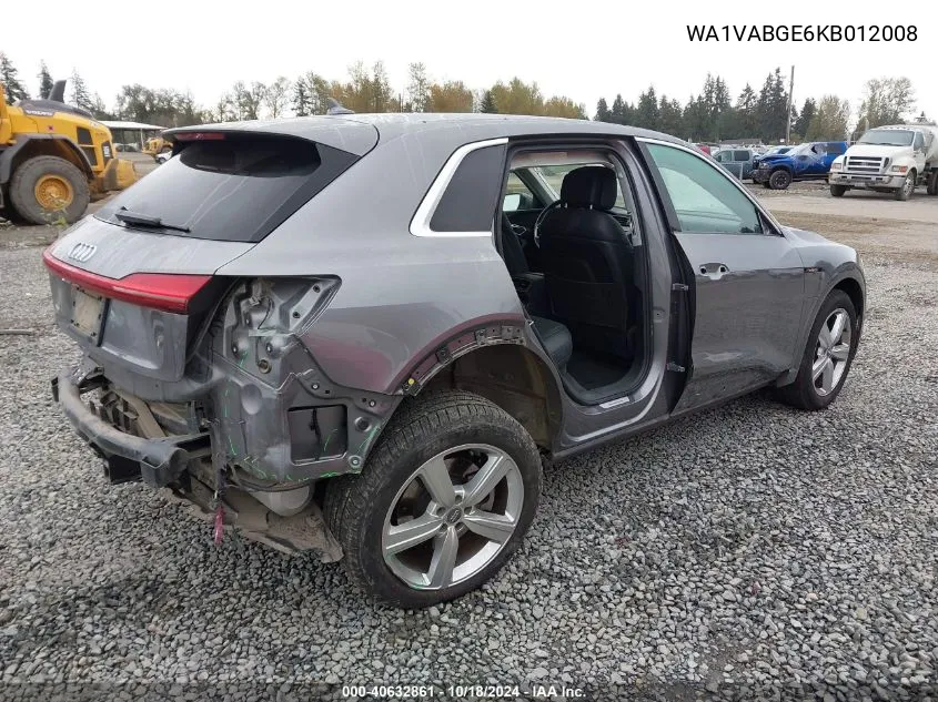 2019 Audi E-Tron Premium Plus VIN: WA1VABGE6KB012008 Lot: 40632861