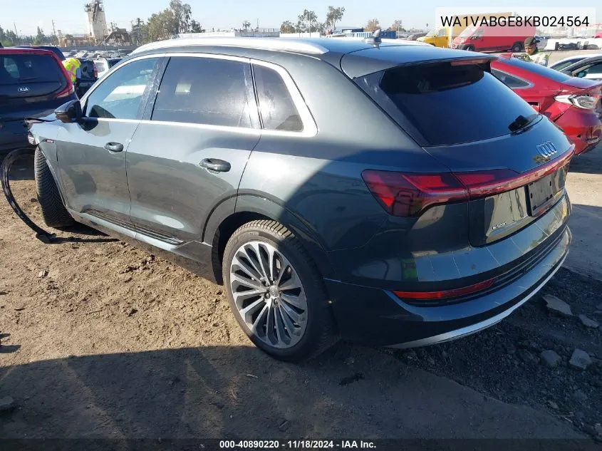 2019 Audi E-Tron Premium Plus VIN: WA1VABGE8KB024564 Lot: 40890220