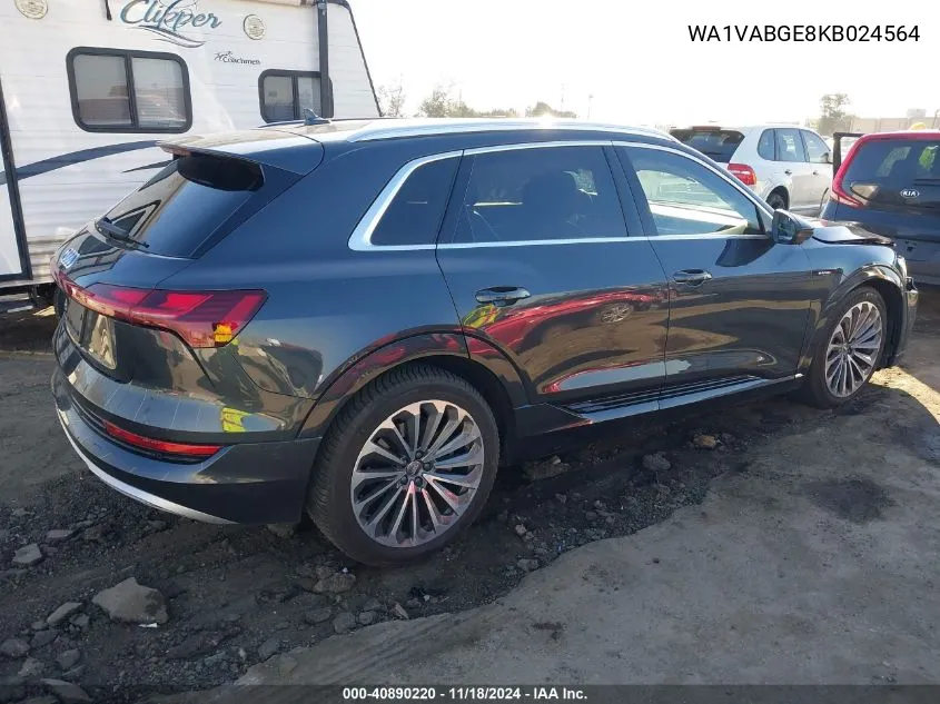 2019 Audi E-Tron Premium Plus VIN: WA1VABGE8KB024564 Lot: 40890220