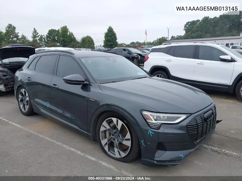 2021 Audi E-Tron Premium Quattro VIN: WA1AAAGE5MB013145 Lot: 40331866