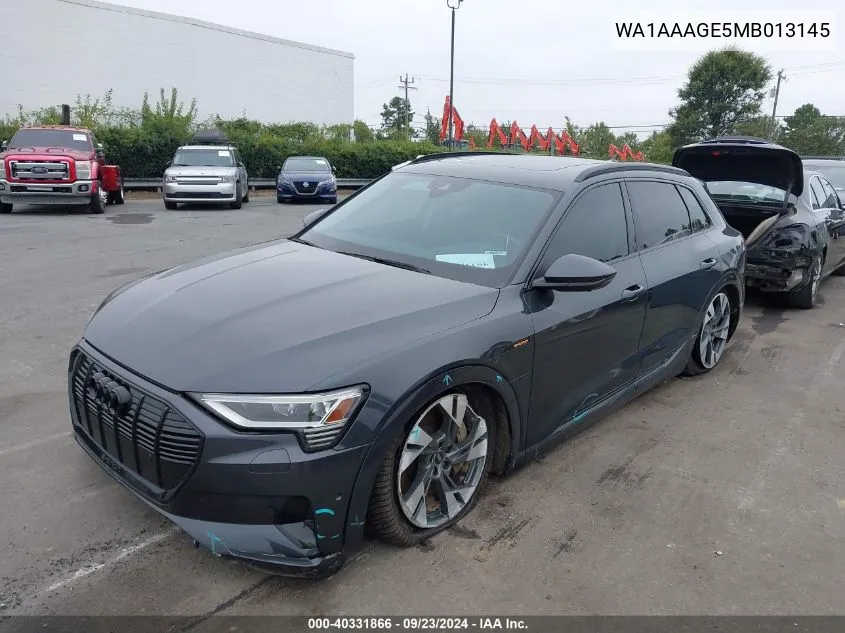 2021 Audi E-Tron Premium Quattro VIN: WA1AAAGE5MB013145 Lot: 40331866