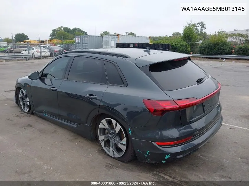 2021 Audi E-Tron Premium Quattro VIN: WA1AAAGE5MB013145 Lot: 40331866