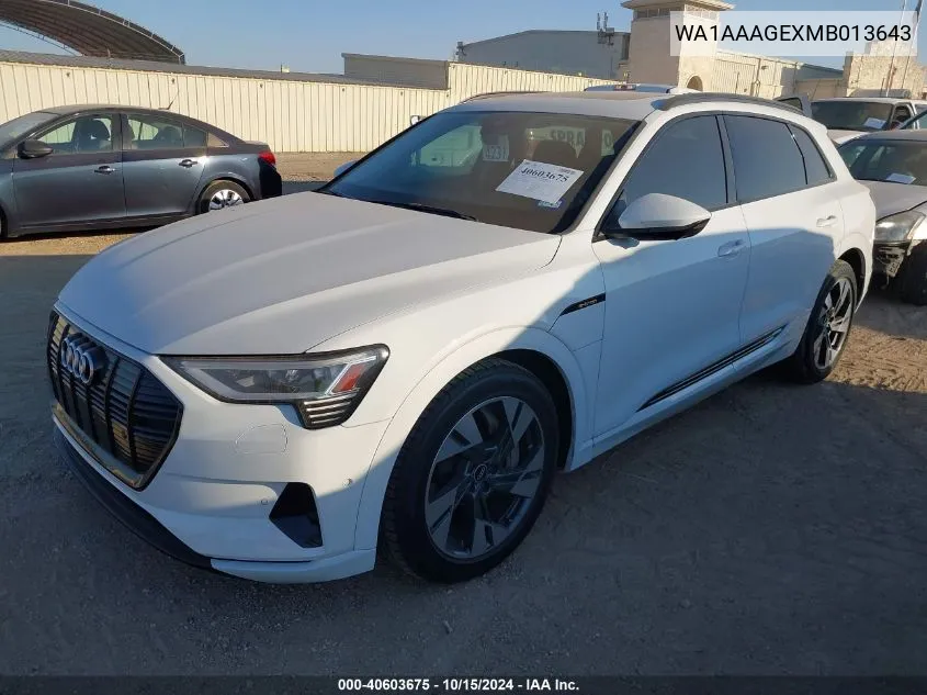 2021 Audi E-Tron Premium Quattro VIN: WA1AAAGEXMB013643 Lot: 40603675