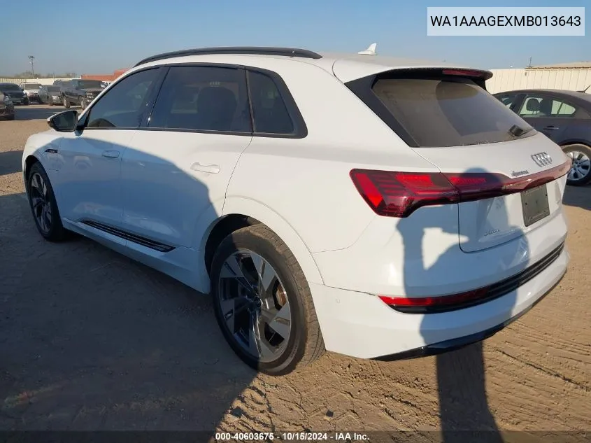 2021 Audi E-Tron Premium Quattro VIN: WA1AAAGEXMB013643 Lot: 40603675