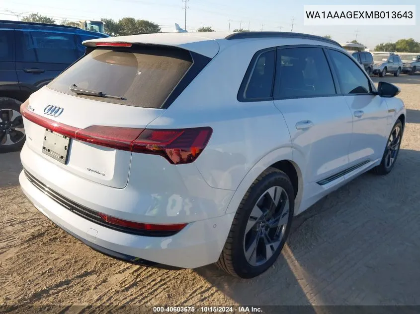 2021 Audi E-Tron Premium Quattro VIN: WA1AAAGEXMB013643 Lot: 40603675