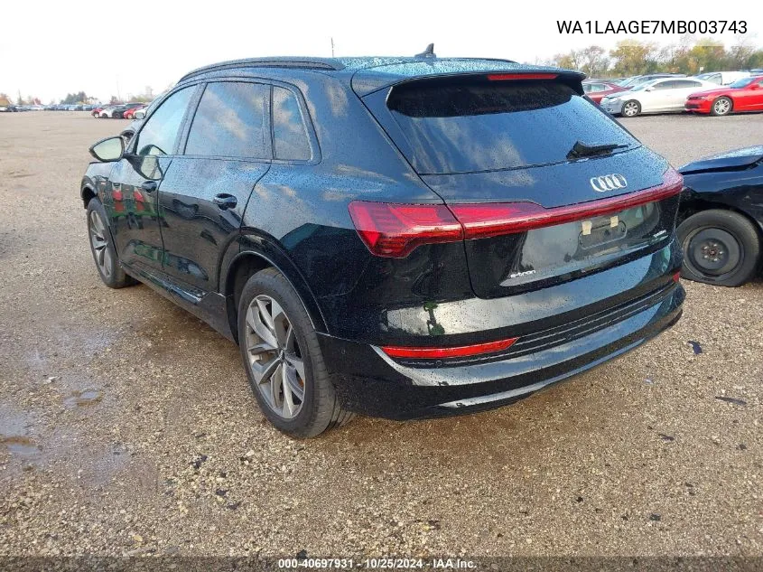 2021 Audi E-Tron Premium Plus Quattro VIN: WA1LAAGE7MB003743 Lot: 40697931