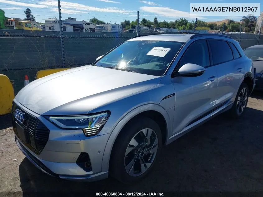 2022 Audi E-Tron Premium Quattro VIN: WA1AAAGE7NB012967 Lot: 40060834