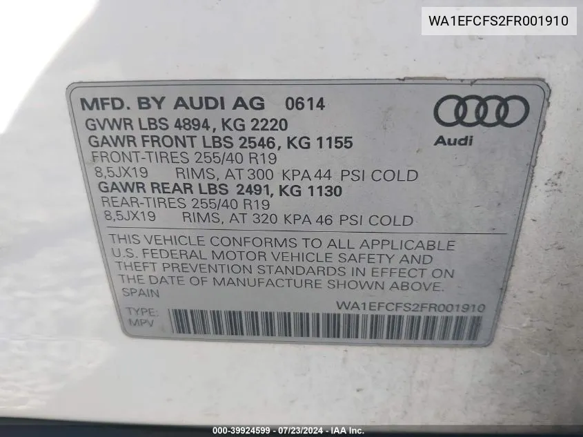 2015 Audi Q3 2.0T Premium Plus VIN: WA1EFCFS2FR001910 Lot: 39924599