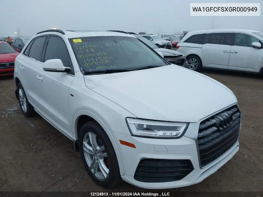 2016 Audi Q3 VIN: WA1GFCFSXGR000949 Lot: 12124913