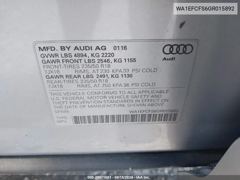 WA1EFCFS6GR015892 2016 Audi Q3 2.0T Premium Plus